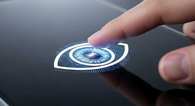 Finger touches glowing eye symbol on a black touchscreen device, representing biometric security and advanced technology in a modern, futuristic setting.
