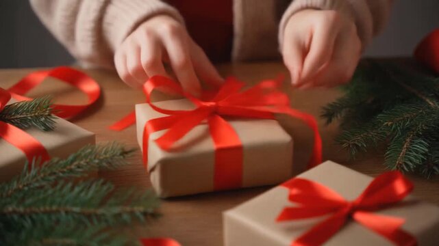 Close-up of hands wrapping Christmas gifts with red ribbons and pine branches, natural light, holiday preparation mood
