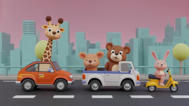 Adorable animals drive tiny cars a giraffe in a convertible, a bear in a mini truck, and a rabbit on a scooter