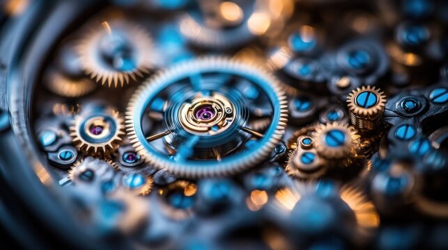 Close-up intricate watch movement, gears, and springs