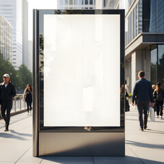 Blank advertising billboard mockup in a busy city street with blurred pedestrians