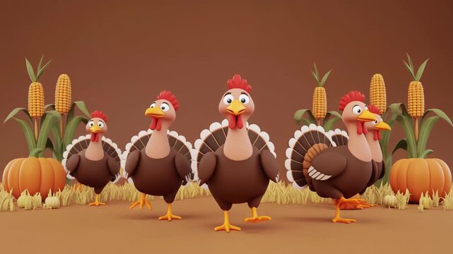A group of cheerful cartoon turkeys strut proudly across a farm field with corn stalks and pumpkins in the background