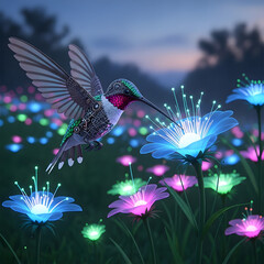 Magical hummingbird in a field of glowing flowers at dusk