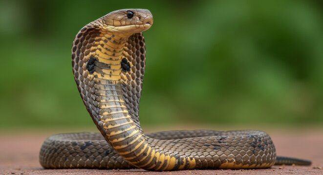 Captivating cobra portrait showcasing its majestic hood and scales