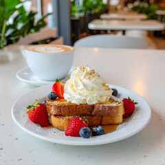 Gourmet French toast breakfast plate with fresh berries and whipped cream