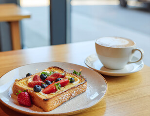 Delicious French Toast with Berries and Coffee on a Wooden Table