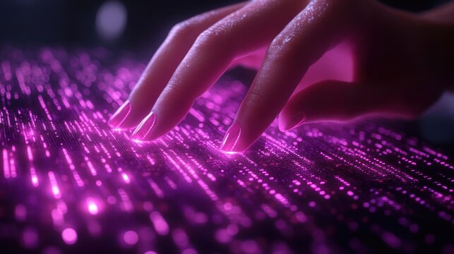 Close-up of a hand touching a glowing, digital surface