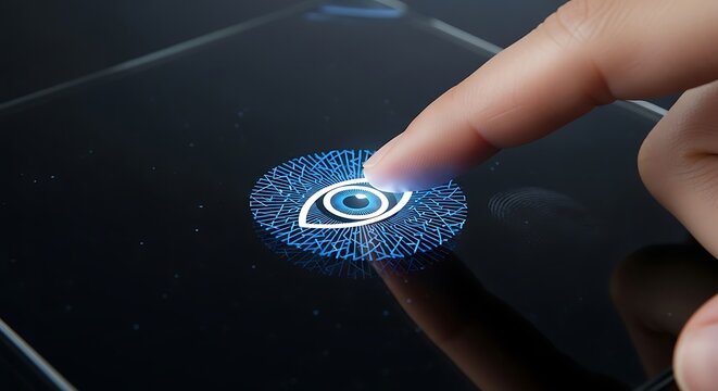 Finger presses glowing eye symbol on dark screen, representing biometric authentication and future technology, creating a sense of innovation and security.