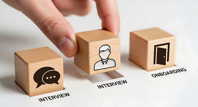 Hand places wooden block with person icon representing interview process in onboarding sequence on white surface, symbolizing career growth and new beginnings.