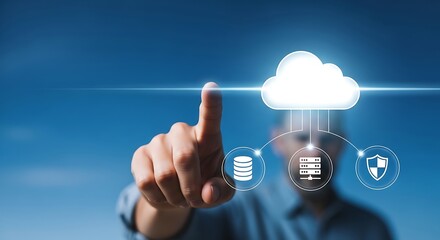 Finger touches cloud computing interface with database and security icons against bright blue sky, representing modern technology and data protection.