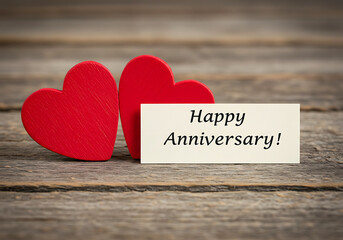 Romantic Happy Anniversary Card with Red Wooden Hearts on Rustic Background | Love Greeting Template
