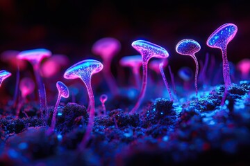 Glowing neon mushrooms in vibrant pink and blue light on dark forest ground
