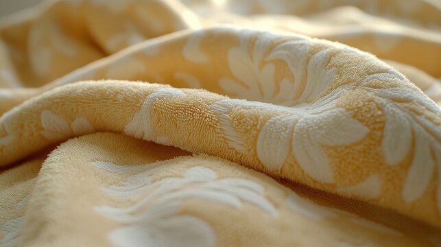 Close-up of a soft, pale yellow blanket with white floral pattern