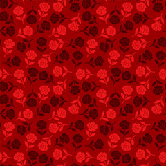 Elegant seamless pattern of romantic red and dark roses on a vibrant floral background. Design for texture, fabric, clothingac, decoration, print, and blanket.