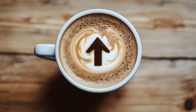 Coffee latte art upward arrow on wooden table top view caffeine boost morning beverage - Powered by Adobe