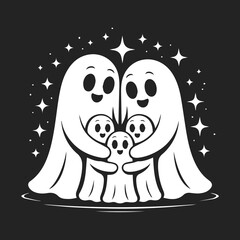 Cute Ghost Family Illustration &mdash; Adorable Halloween Design in Black and White