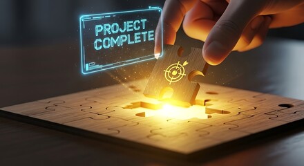 Hand places puzzle piece into glowing jigsaw puzzle on wooden table, symbolizing project completion with target icon, conveying success and achievement.