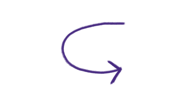 Purple curved arrow pointing down and right isolated on transparent background