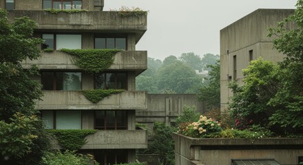Fototapeta premium Brutalist Architecture Embraces Nature, A Concrete Building Adorned with Greenery