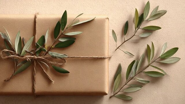 Elegant Gift with Botanical Charm: A beautifully wrapped gift, adorned with delicate olive branches, embodies the essence of thoughtful gifting. The composition evokes warmth, natural elegance.