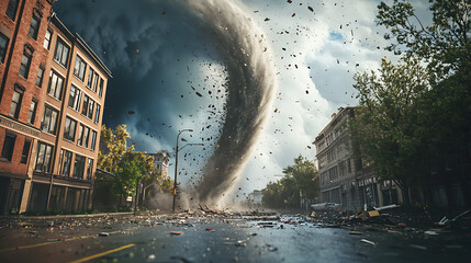 Destructive tornado in urban area causing widespread damage and debris