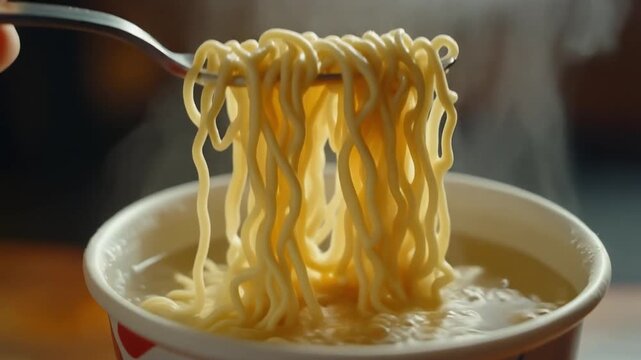 お湯を含みゆっくり形を変えるインスタント麺の調理風景