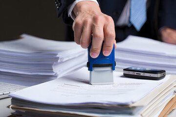 Businessman stamping document with approved stamp on desk with paperwork and cell phone