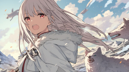 雪山で白狼たちと進む少女戦士　勇ましく幻想的なアニメイラスト