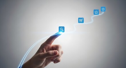 Finger pointing at glowing search icon, leading to shopping cart and star icons, symbolizing online shopping journey on a clean, modern interface.