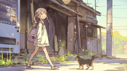 春の街を犬と歩く少女　やわらかい光と桜が舞うアニメイラスト