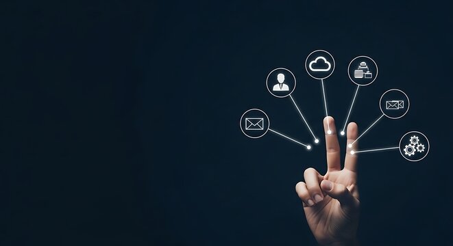 Hand touching digital interface with cloud computing and social media symbols against dark backdrop, representing modern technology and connectivity.