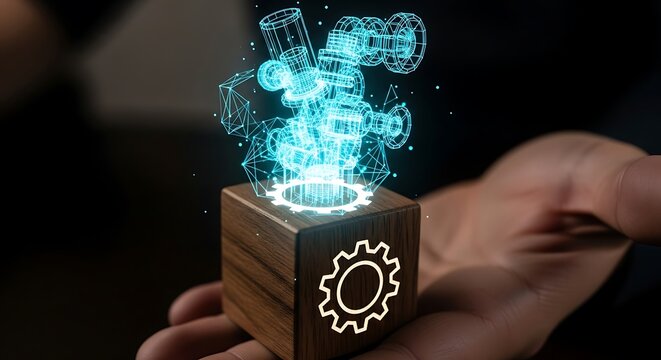 Hand holding wooden cube displaying holographic engine model with glowing blue light, representing innovation and technological advancement in engineering field.