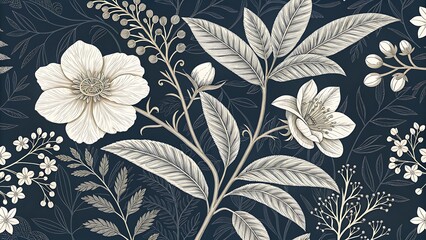 Elegant floral pattern with botanical illustration on a dark navy background perfect for textiles and wallpaper designs