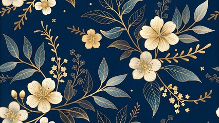 Elegant floral pattern with golden branches and delicate white blossoms on a navy blue background creating a sophisticated and luxurious design