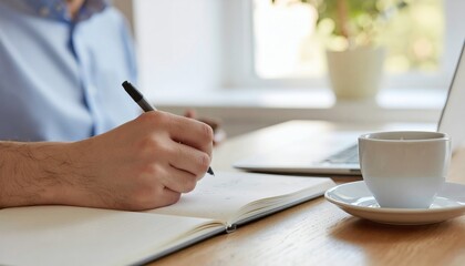 Man writing in notebook at desk with laptop and coffee cup in home office setting