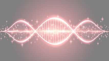 輝く赤色の未来的なDNA二重らせん構造