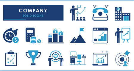 Company related vector solid icons set. Business and objective oriented icons.