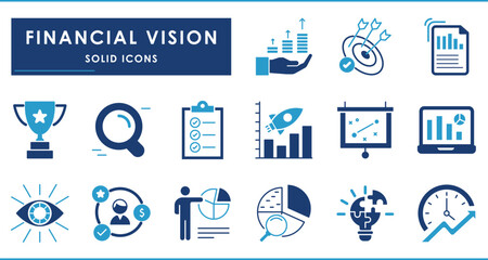 Financial Vision related solid icons set. Contains Award, money, growth, strategy, checklist, statistical analysis.