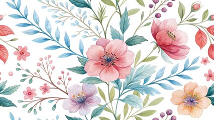 Floral Watercolor Pattern with Pink and Peach Flowers and Blue Leaves Seamless and Delicate Design for Backgrounds and Textiles