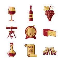 Wine themed elements arranged neatly on white surface showcasing various aspects of viticulture and wine production in a clean and inviting style.