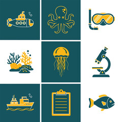 Underwater exploration elements depict marine life and research tools on a teal backdrop, evoking a sense of discovery and scientific curiosity.