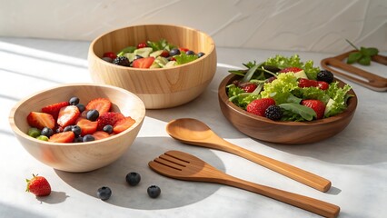 Fresh Fruit and Salad Bowls with Wooden Utensils on Marble Surface Healthy Eating Concept