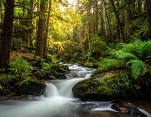 Obraz premium Lush forest scene with flowing stream and dappled sunlight