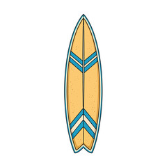 Yellow surfboard with blue stripes stands upright against a white backdrop, evoking a sense of summer fun and beach vibes.