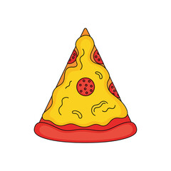 Slice of pepperoni pizza drips with melted cheese against a white backdrop, creating a tempting and delicious image that evokes feelings of comfort food and indulgence.