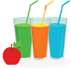 Three colorful glasses of juice with an apple a refreshing drink