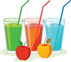 Colorful fruit juices in glasses with apples a vibrant summer illustration
