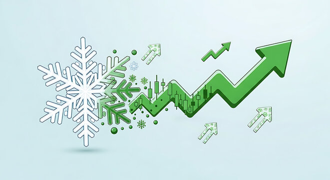 Green upward trending arrow emerging from a dissolving snowflake symbolizing growth and recovery