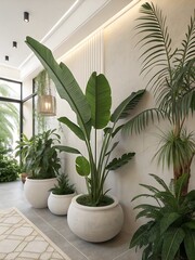 Indoor tropical plants in white pots create a serene and stylish living space enhancing the interior decor