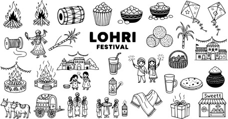 Lohri Festival Doodles Set: Traditional Bonfire, Kites, Food, Dance, and Cultural Elements of Punjabi Harvest Celebration - Hand Drawn Vector Illustrations